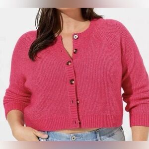 Torrid Vegan Cashmere Cropped Cardigan Crew Sweater Size 1X Pink Peacock NWT
